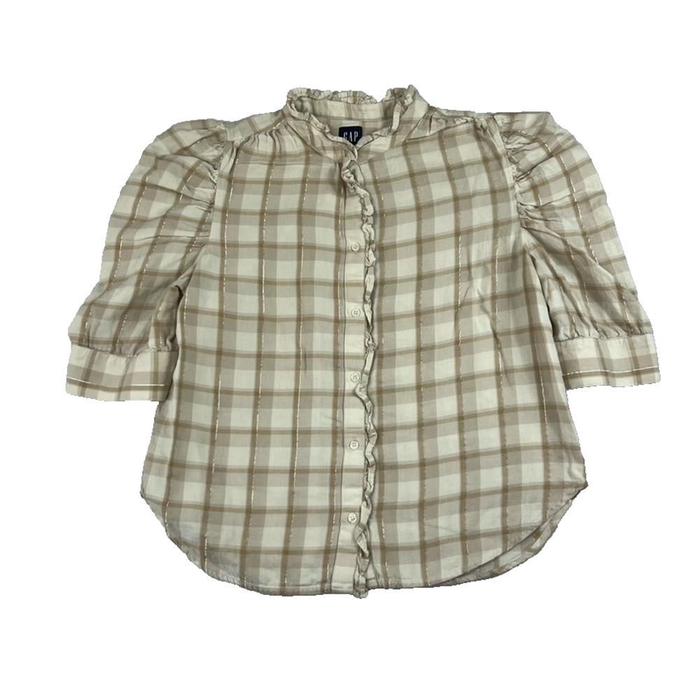 Gap Button Front Ruffle Top Women's Small Beige Plaid Half Sleeve Peasant